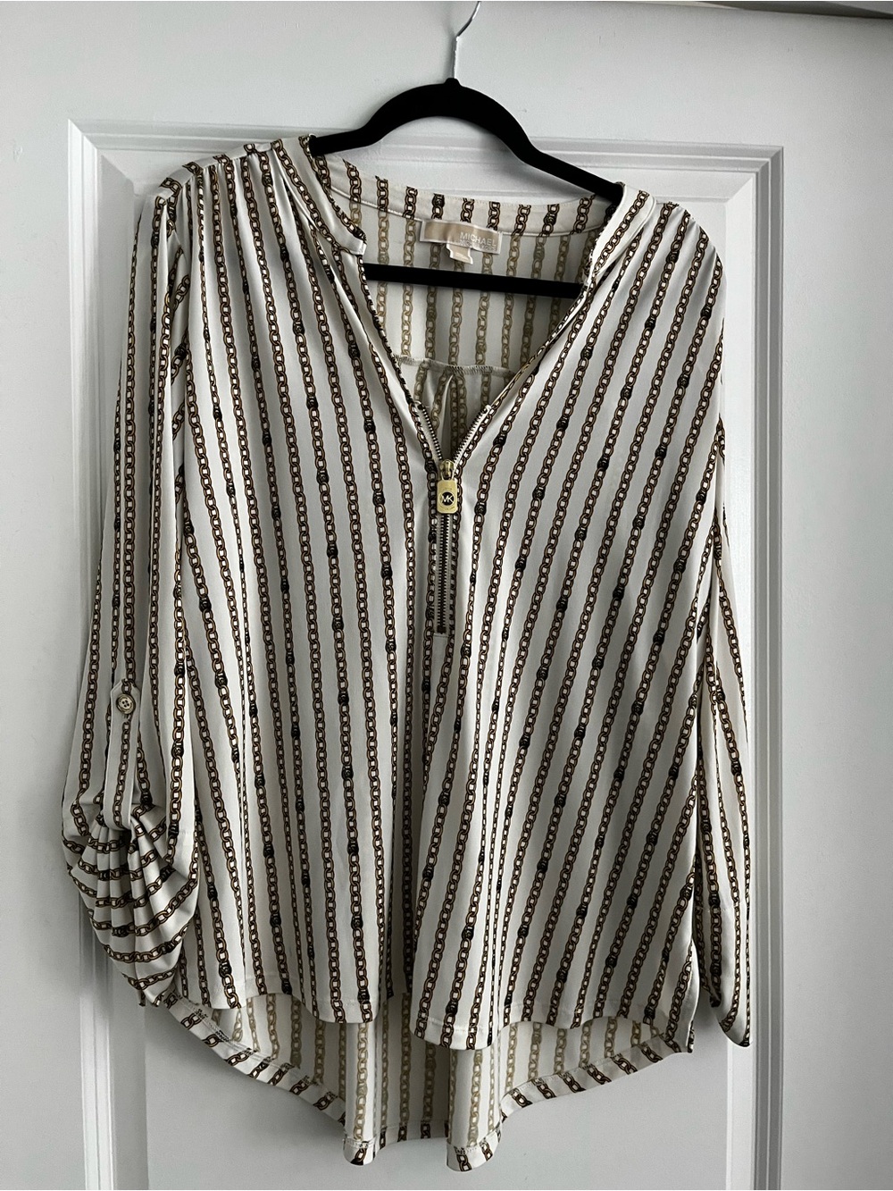 MICHAEL Michael Kors White Blouse with Brown Chain-Print Stripes